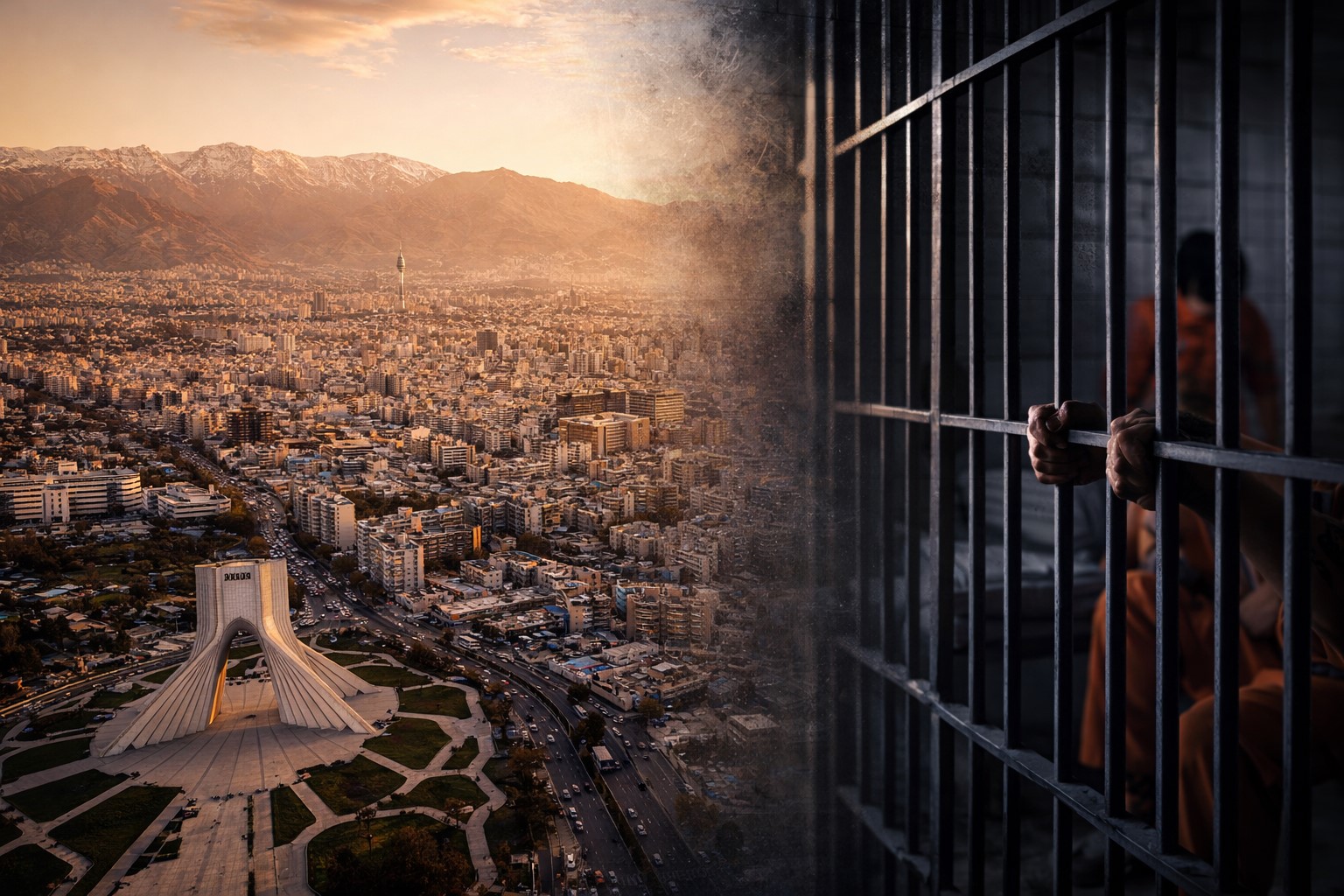 Imagem gerada por IA mostra Teerã ao entardecer e grade de prisão em composição simbólica.