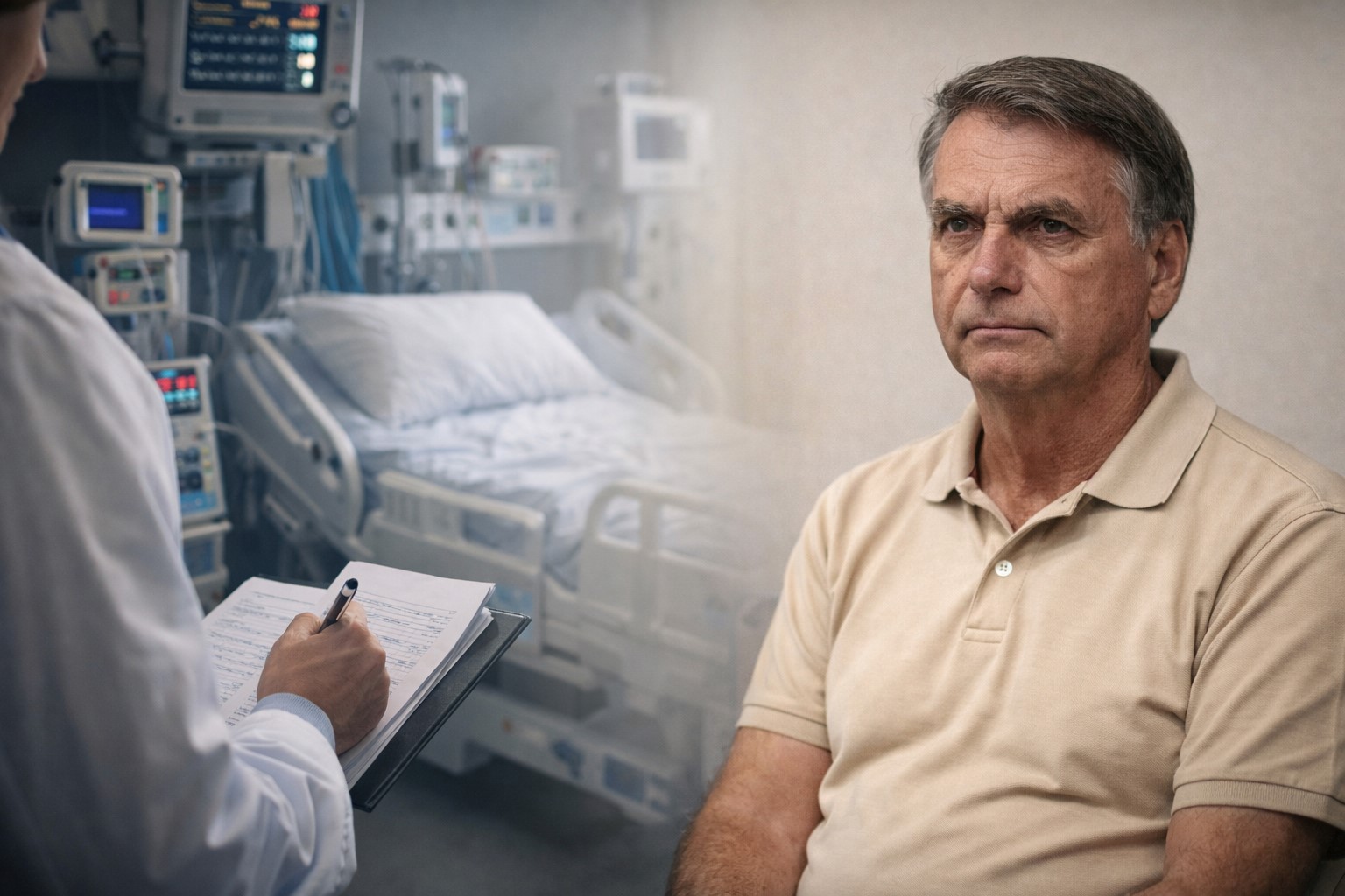 Montagem fotográfica gerada por IA mostra leito de UTI com equipamentos e um médico anotando relatório, ao lado de Jair Bolsonaro sentado com camisa polo clara, em composição usada para contextualizar notícia.