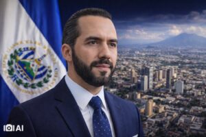 Nayib Bukele em primeiro plano com bandeira de El Salvador e vista urbana ao fundo.
