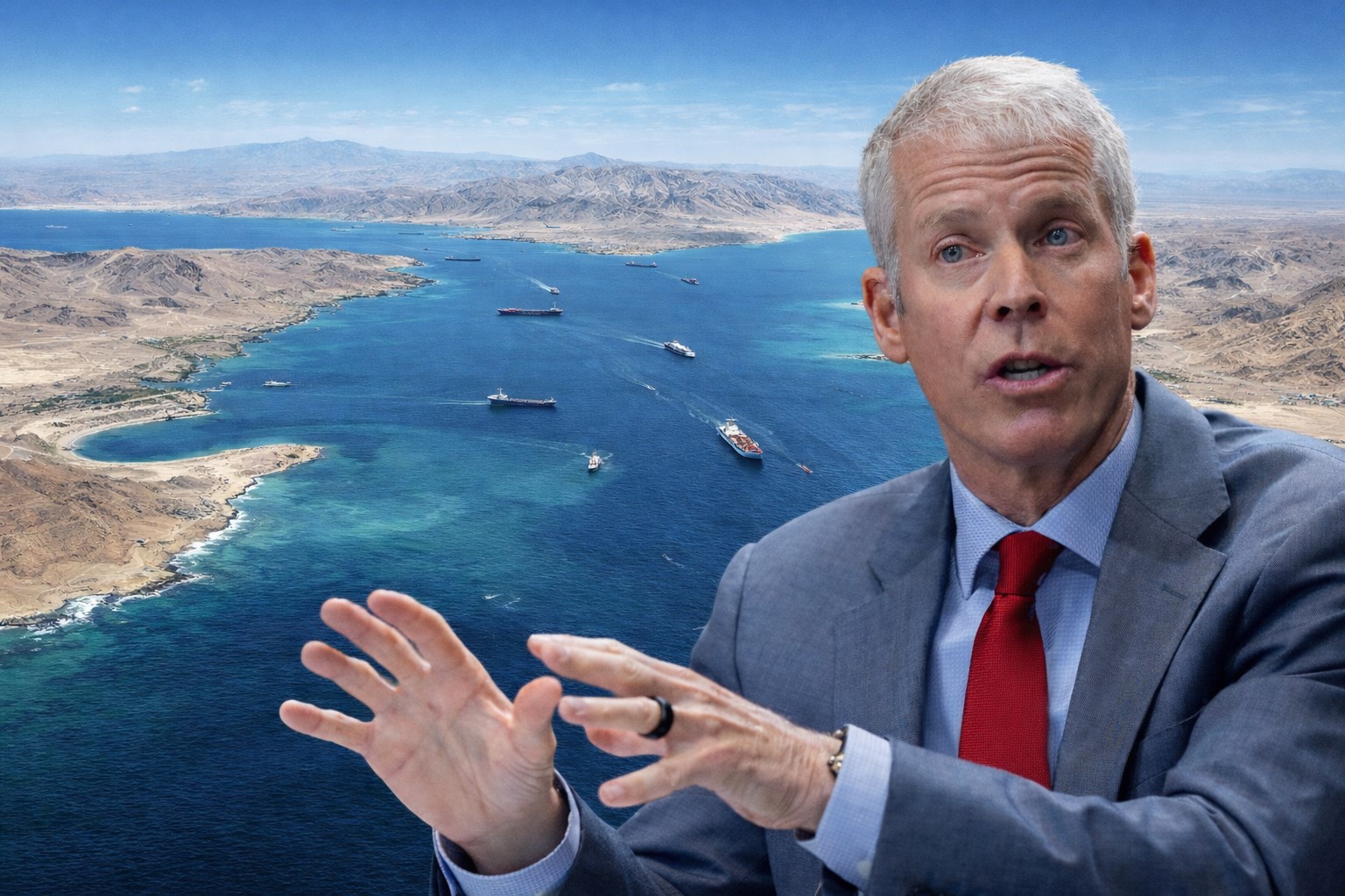 Montagem fotográfica ultra-realista mostra o Estreito de Ormuz em vista semiaérea com a imagem do secretário de Energia dos EUA, Chris Wright. A composição foi gerada por IA para contextualização jornalística.