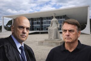 Montagem com Moraes e Bolsonaro diante do STF em cenário institucional