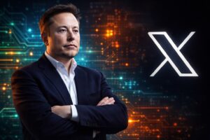 Ilustração mostra Elon Musk em frente ao logotipo da plataforma X sobre fundo tecnológico com luzes neon, imagem gerada por inteligência artificial para contextualização jornalística.