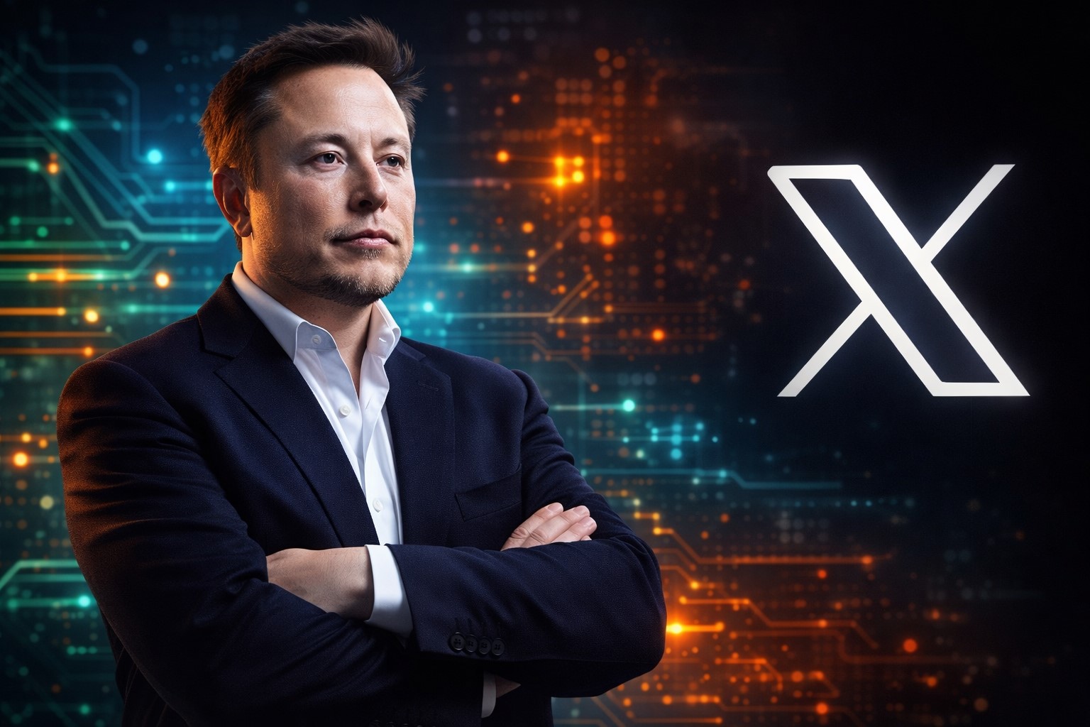 Ilustração mostra Elon Musk em frente ao logotipo da plataforma X sobre fundo tecnológico com luzes neon, imagem gerada por inteligência artificial para contextualização jornalística.