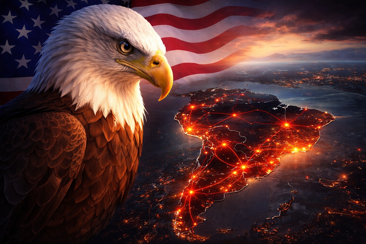 Ilustração digital mostra águia símbolo dos Estados Unidos observando mapa da América do Sul com rotas luminosas representando redes do crime organizado.