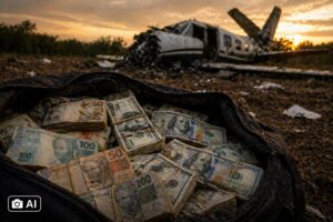 Imagem mostra malote com dinheiro em real e dólar em primeiro plano e avião acidentado ao fundo em área aberta.