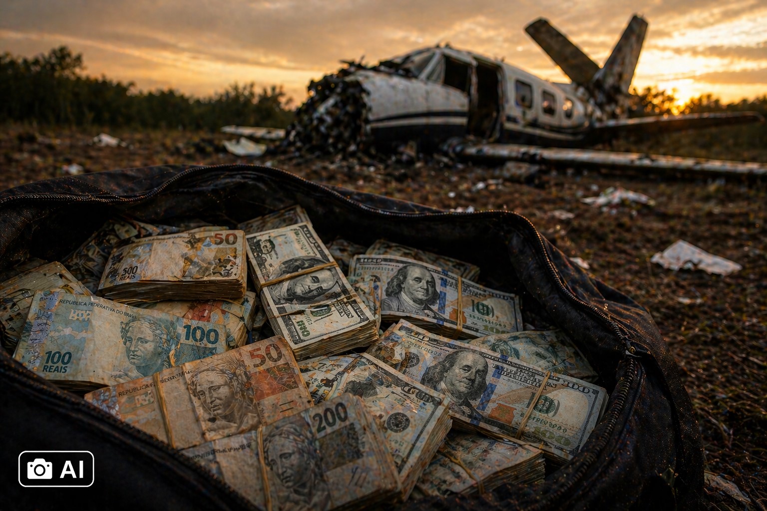 Imagem mostra malote com dinheiro em real e dólar em primeiro plano e avião acidentado ao fundo em área aberta.