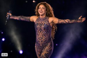 Imagem de Shakira em apresentação ao vivo, com braços abertos no palco, iluminação de show noturno e efeitos de luz e fumaça ao fundo.