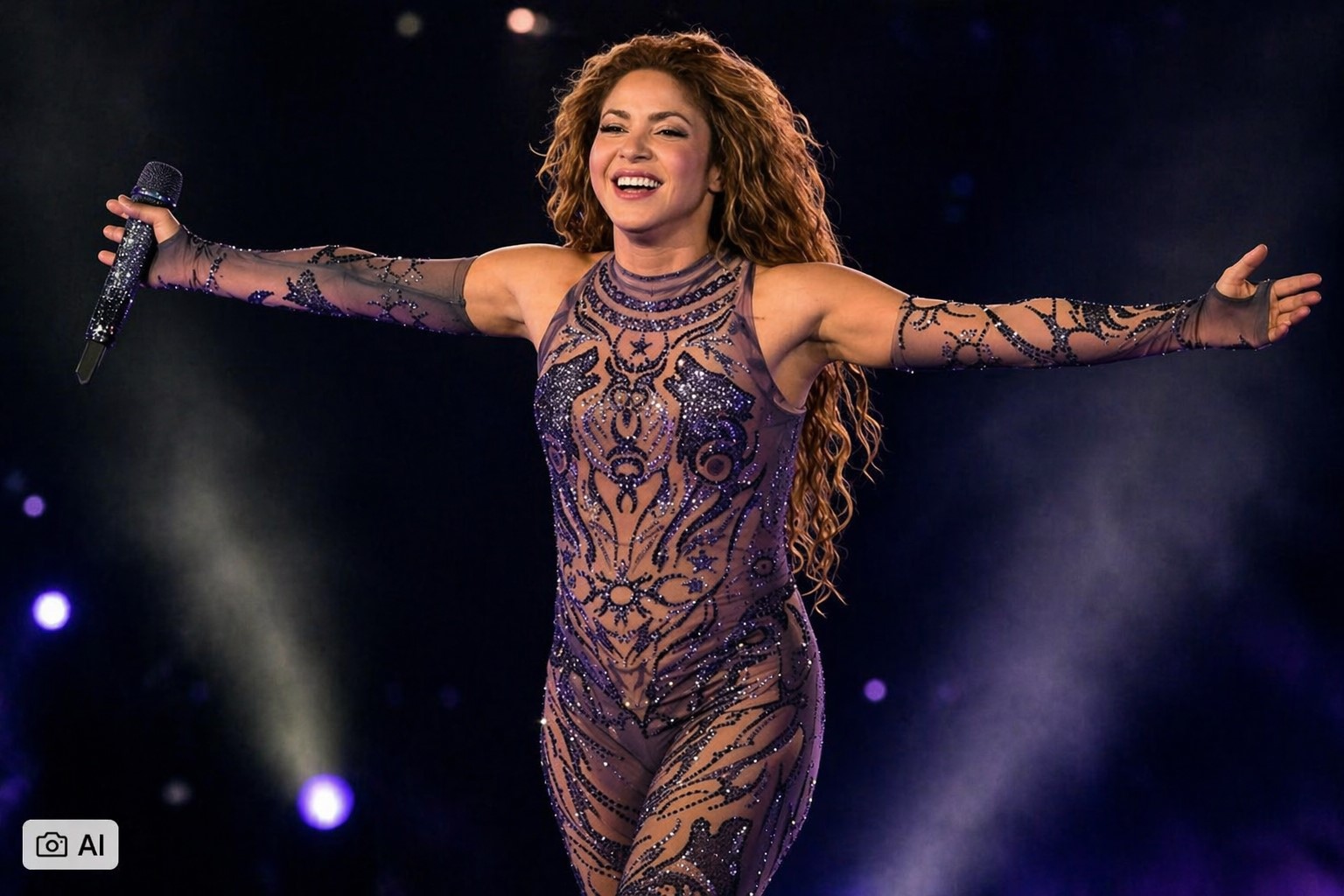 Imagem de Shakira em apresentação ao vivo, com braços abertos no palco, iluminação de show noturno e efeitos de luz e fumaça ao fundo.