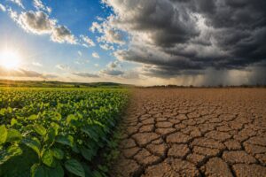 Imagem ilustrativa mostra contraste entre lavoura produtiva e solo seco rachado sob céu tempestuoso.