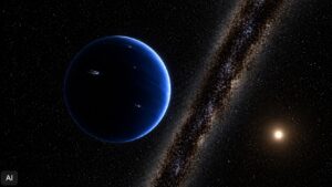Planeta azul em primeiro plano no espaço, com nebulosa diagonal ao fundo, campo de estrelas e estrela luminosa à direita.
