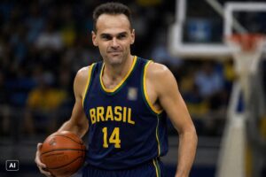 Ilustração de Oscar Schmidt com uniforme da seleção brasileira em quadra de basquete.