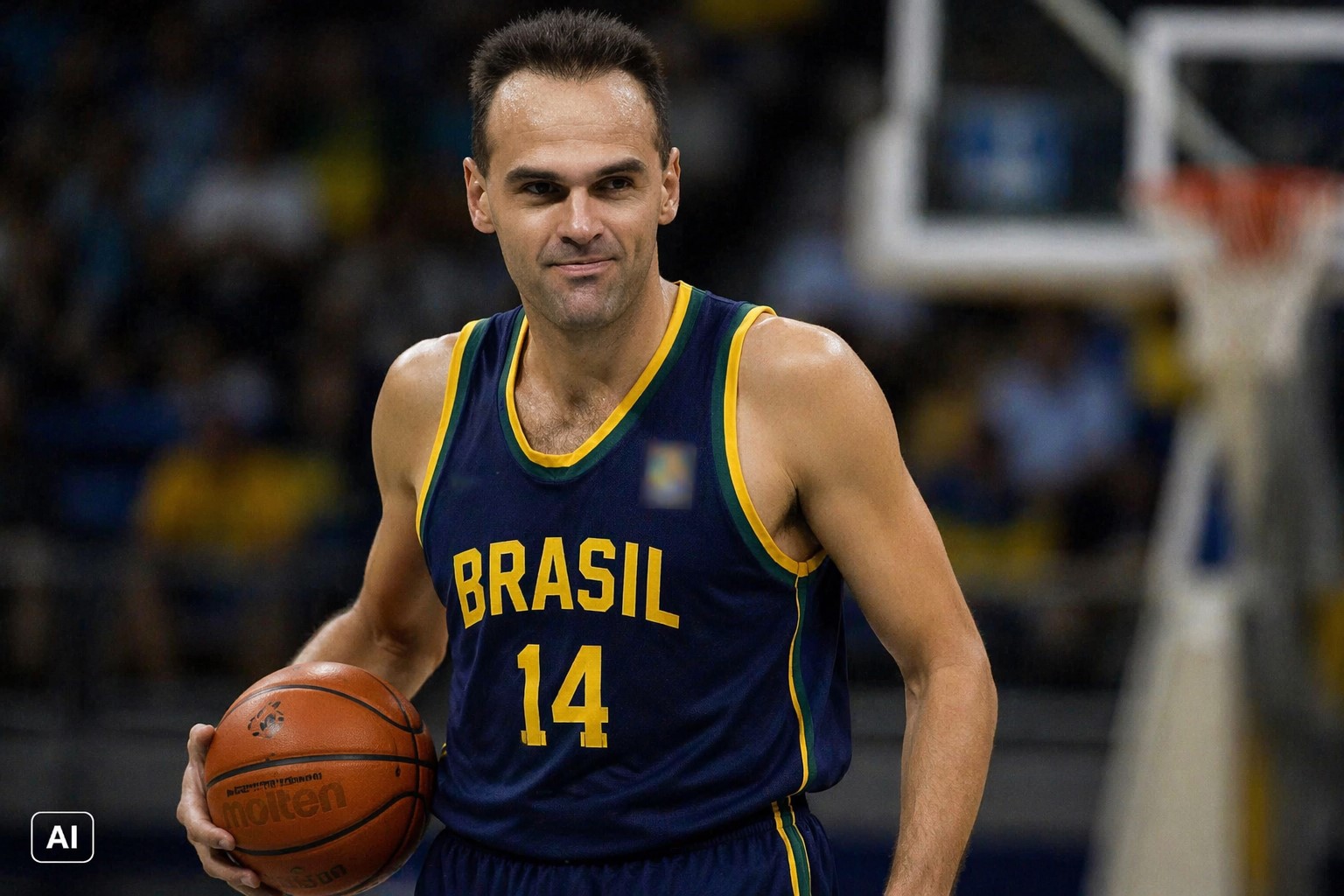 Ilustração de Oscar Schmidt com uniforme da seleção brasileira em quadra de basquete.