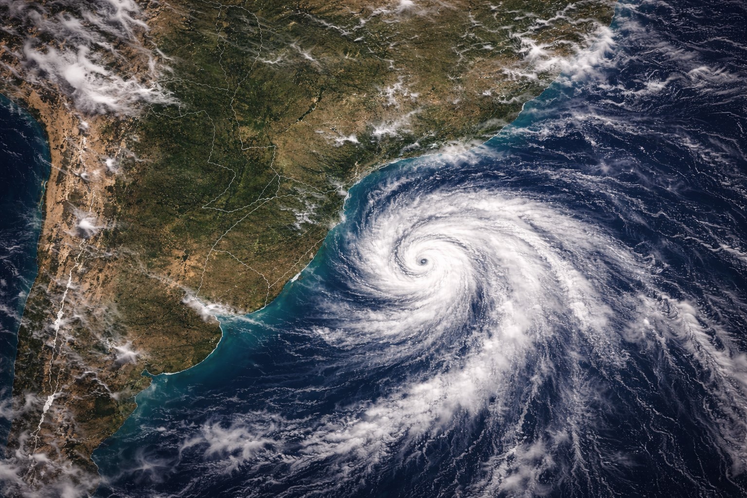 Imagem ilustrativa de satélite mostrando ciclone extratropical próximo à região Sul do Brasil.