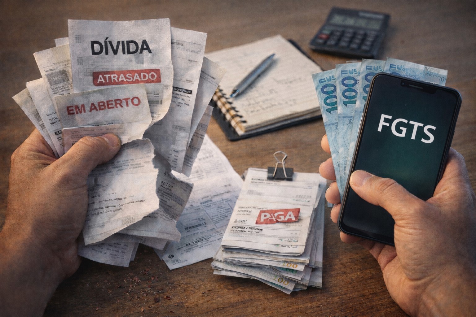 Imagem ilustrativa de pessoa organizando dívidas com dinheiro e FGTS em mesa de escritório.