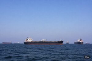 Ilustração fotográfica ultra-realista gerada por IA mostra navios no Estreito de Ormuz, com mar azul e céu claro ao fundo.