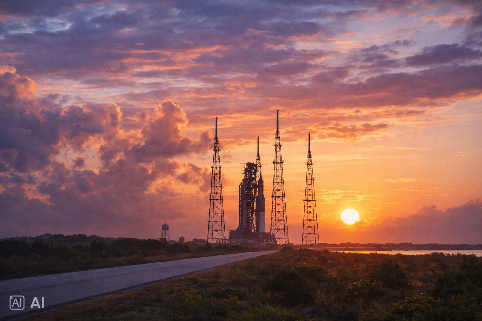 Imagem ilustrativa gerada por IA de base de lançamento de foguete ao pôr do sol, inspirada em registro real, usada para contextualizar a missão Artemis II.