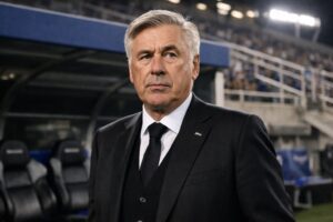 Imagem ilustrativa gerada por IA mostra técnico Carlo Ancelotti à beira do campo em área de banco de reservas durante partida de futebol.