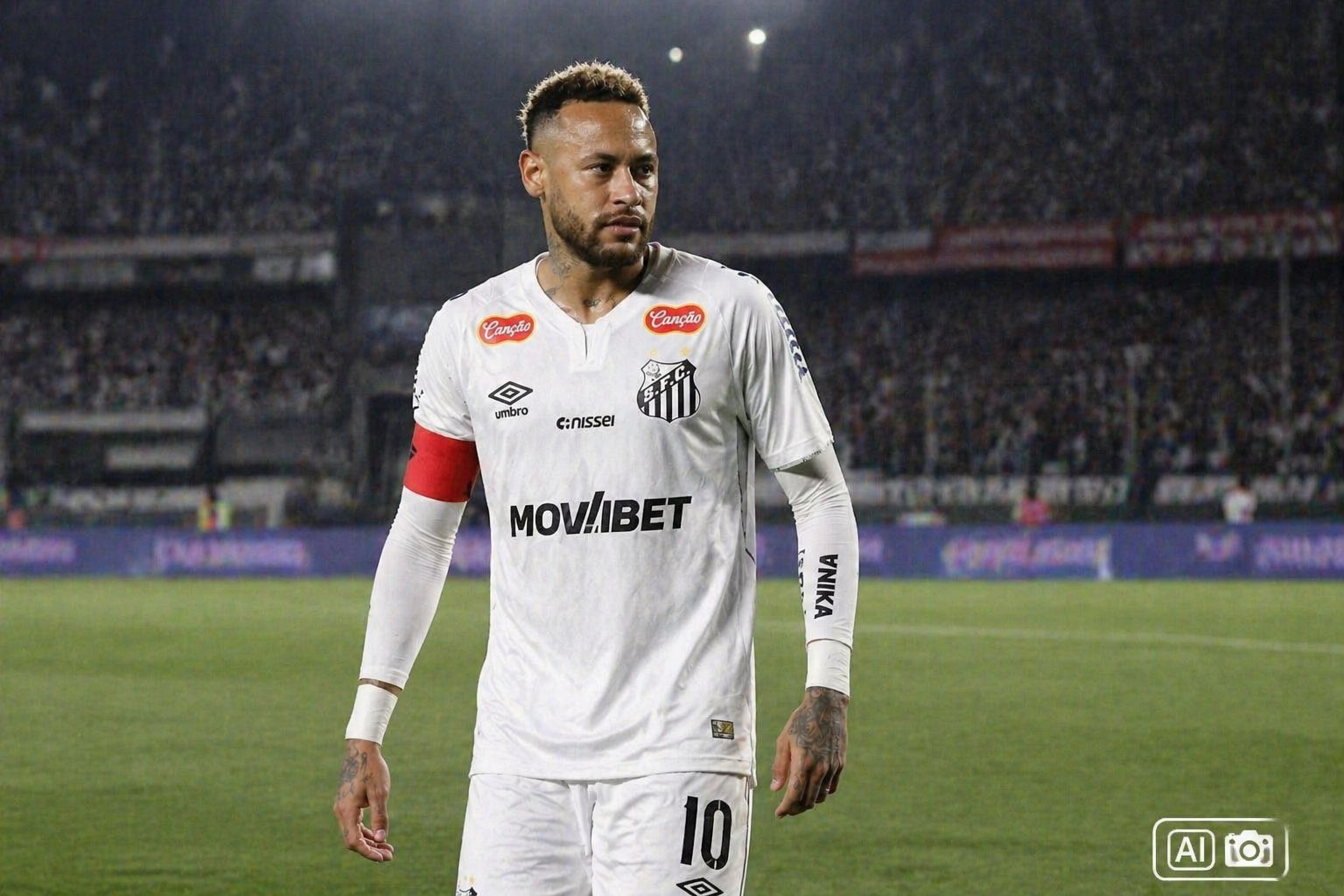 Ilustração fotográfica gerada por IA representando Neymar, jogador do Santos, em campo.