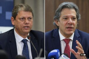 Ilustração fotográfica gerada por IA representando Tarcísio de Freitas e Fernando Haddad.