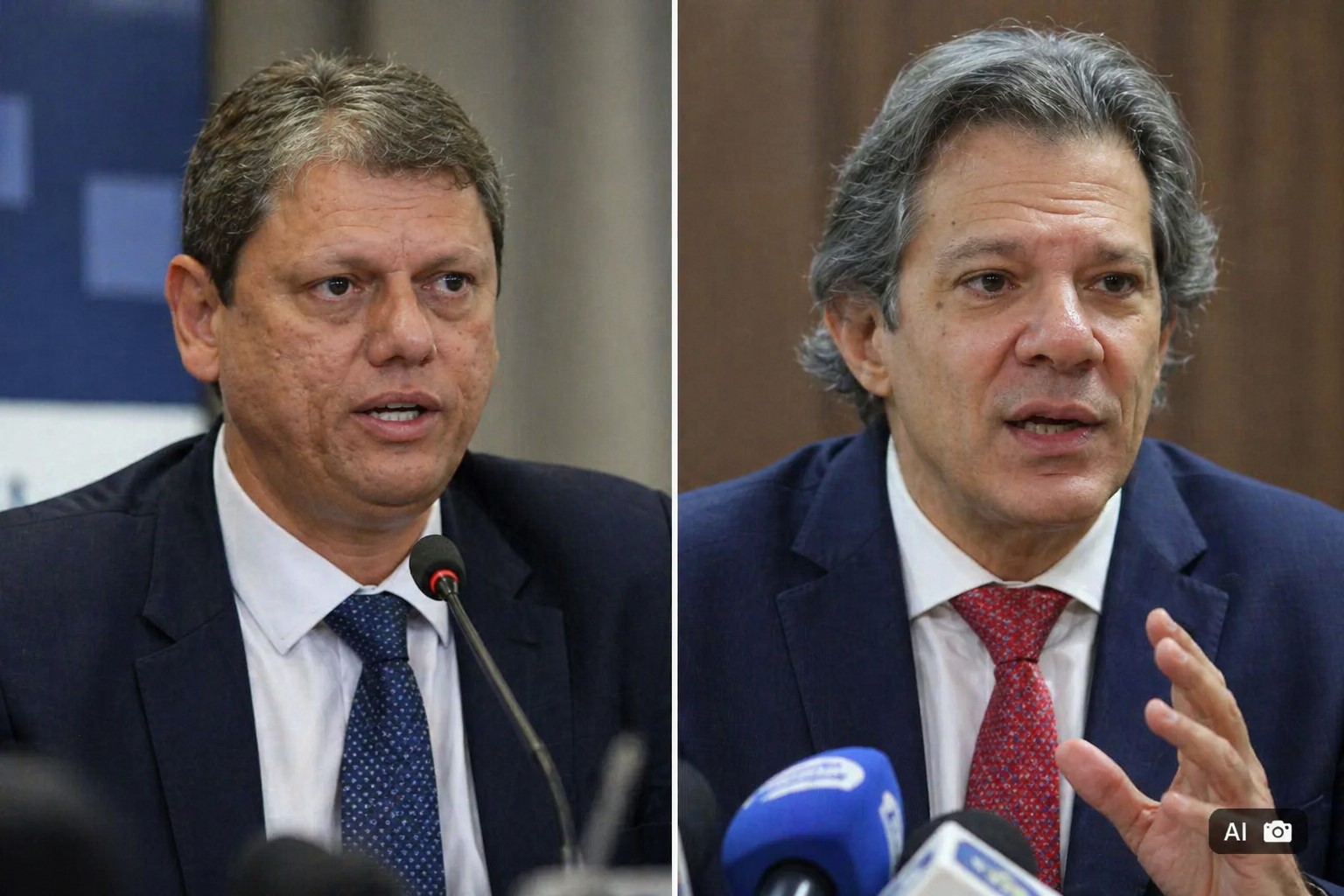 Ilustração fotográfica gerada por IA representando Tarcísio de Freitas e Fernando Haddad.