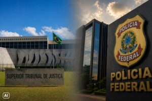 Montagem com fachada do STJ à esquerda e prédio da Polícia Federal à direita, unidas por transição suave.