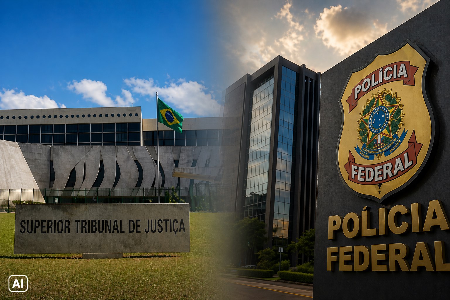 Montagem com fachada do STJ à esquerda e prédio da Polícia Federal à direita, unidas por transição suave.