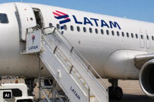 Ilustração fotográfica mostra aeronave da Latam com escada de embarque em pista de aeroporto.