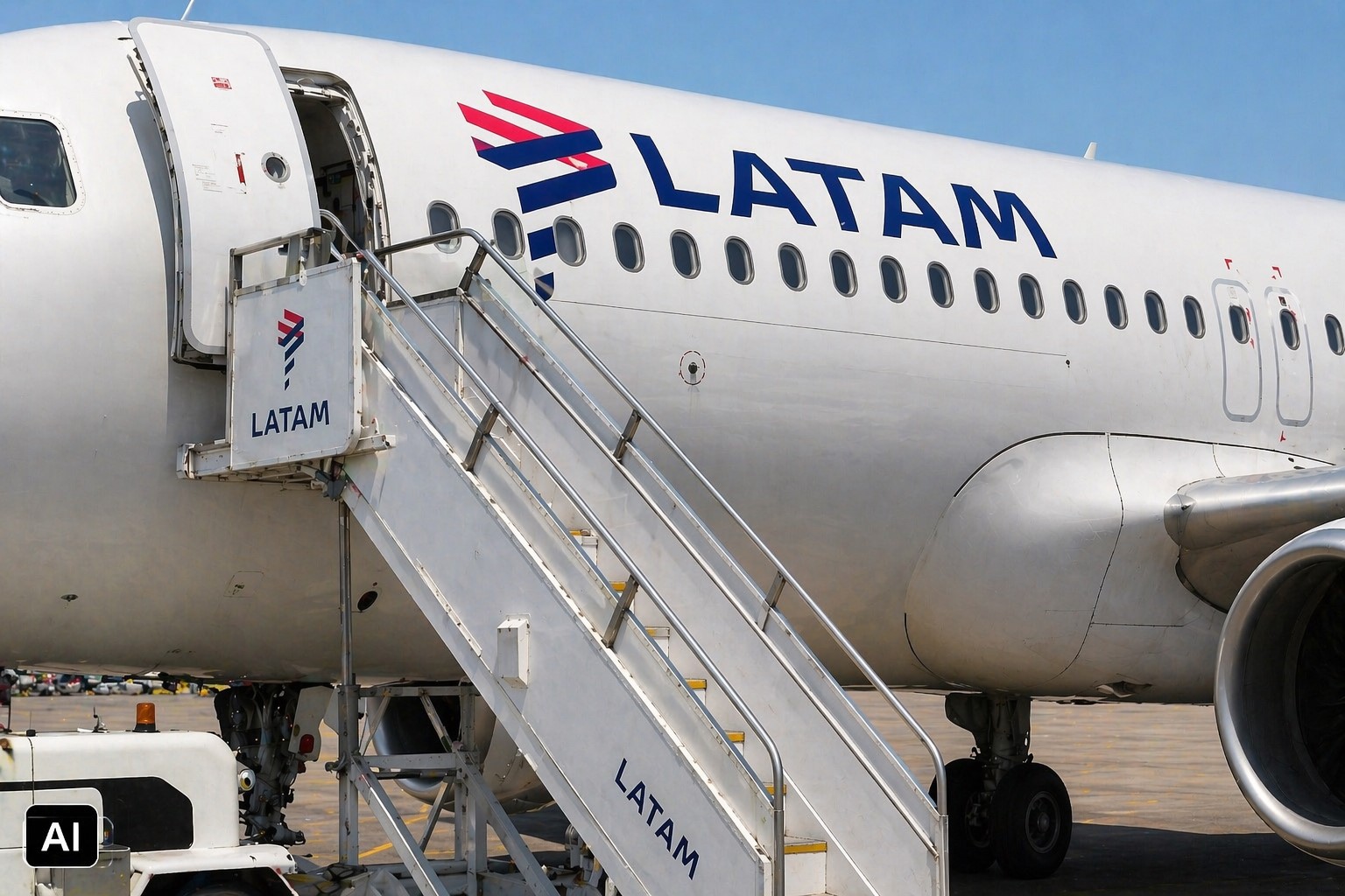 Ilustração fotográfica mostra aeronave da Latam com escada de embarque em pista de aeroporto.