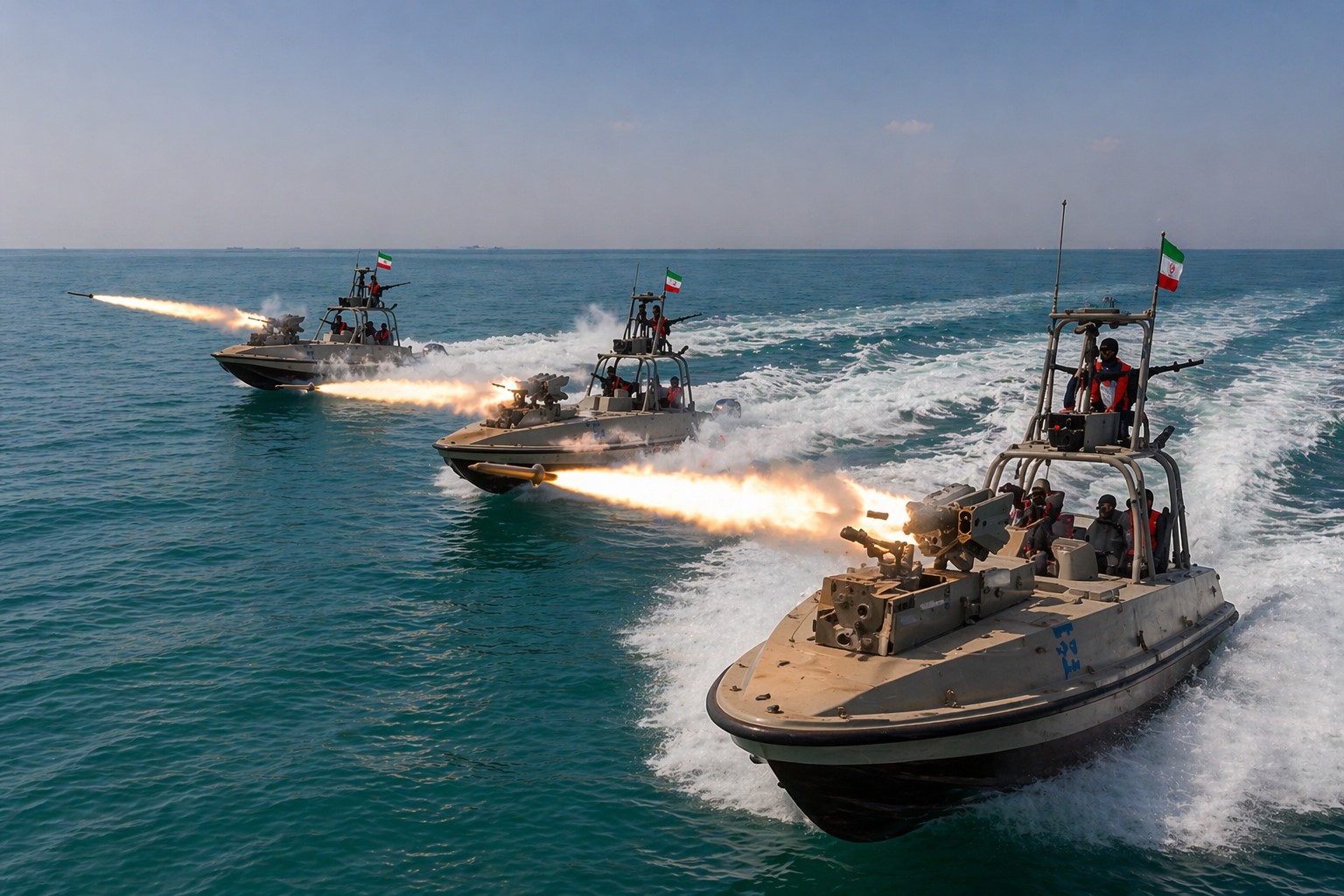 Ilustração fotográfica ultra-realista mostra três lanchas militares iranianas em alto mar realizando disparos de projéteis durante operação naval, em cenário diurno no Golfo Pérsico.