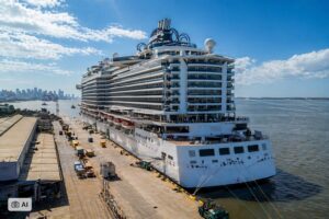 Ilustração fotográfica mostra um grande navio de cruzeiro atracado em porto durante o dia, com estrutura de múltiplos andares e cenário marítimo ao fundo.