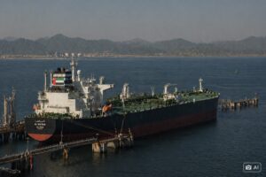 Ilustração mostra navio petroleiro de grande porte nas águas dos Emirados Árabes, em cenário marítimo com costa ao fundo.