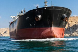 Ilustração fotográfica ultra-realista gerada por IA mostra a proa de um navio petroleiro atravessando o Estreito de Ormuz em cenário diurno.