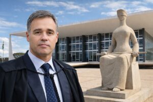 Montagem fotográfica ultrarrealista do ministro André Mendonça diante do prédio do STF, em Brasília.