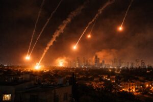 Imagem gerada por IA de céu noturno sobre Tel Aviv com mísseis em trajetória e área urbana ao fundo.