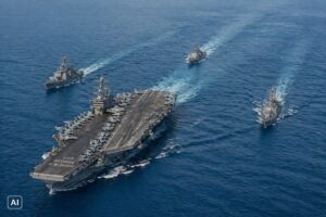 Imagem ilustrativa mostra porta-aviões dos EUA acompanhado por navios militares em alto-mar.