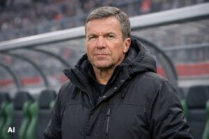 Ilustração fotográfica ultrarrealista gerada por IA representando Lothar Matthäus em área técnica de estádio de futebol.