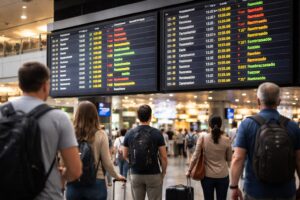 Imagem ilustrativa de saguão de aeroporto com painel de voos e passageiros ao fundo.