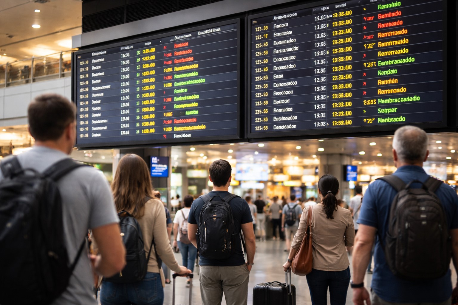 Imagem ilustrativa de saguão de aeroporto com painel de voos e passageiros ao fundo.