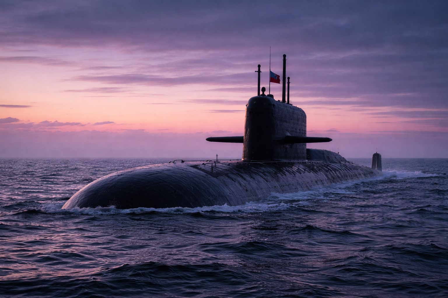 Submarino russo nuclear parcialmente emergido ao amanhecer em mar escuro, imagem ilustrativa gerada por IA.