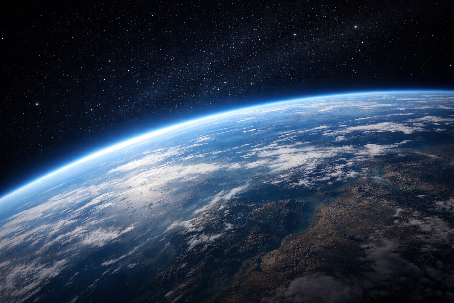 Ilustração fotográfica ultrarrealista da curvatura da Terra vista do espaço durante retorno da missão Artemis II.