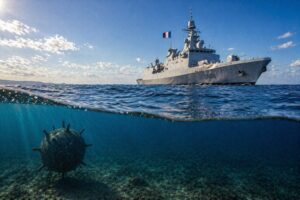 Navio militar europeu sobre o mar com mina subaquática em imagem ilustrativa gerada por IA.