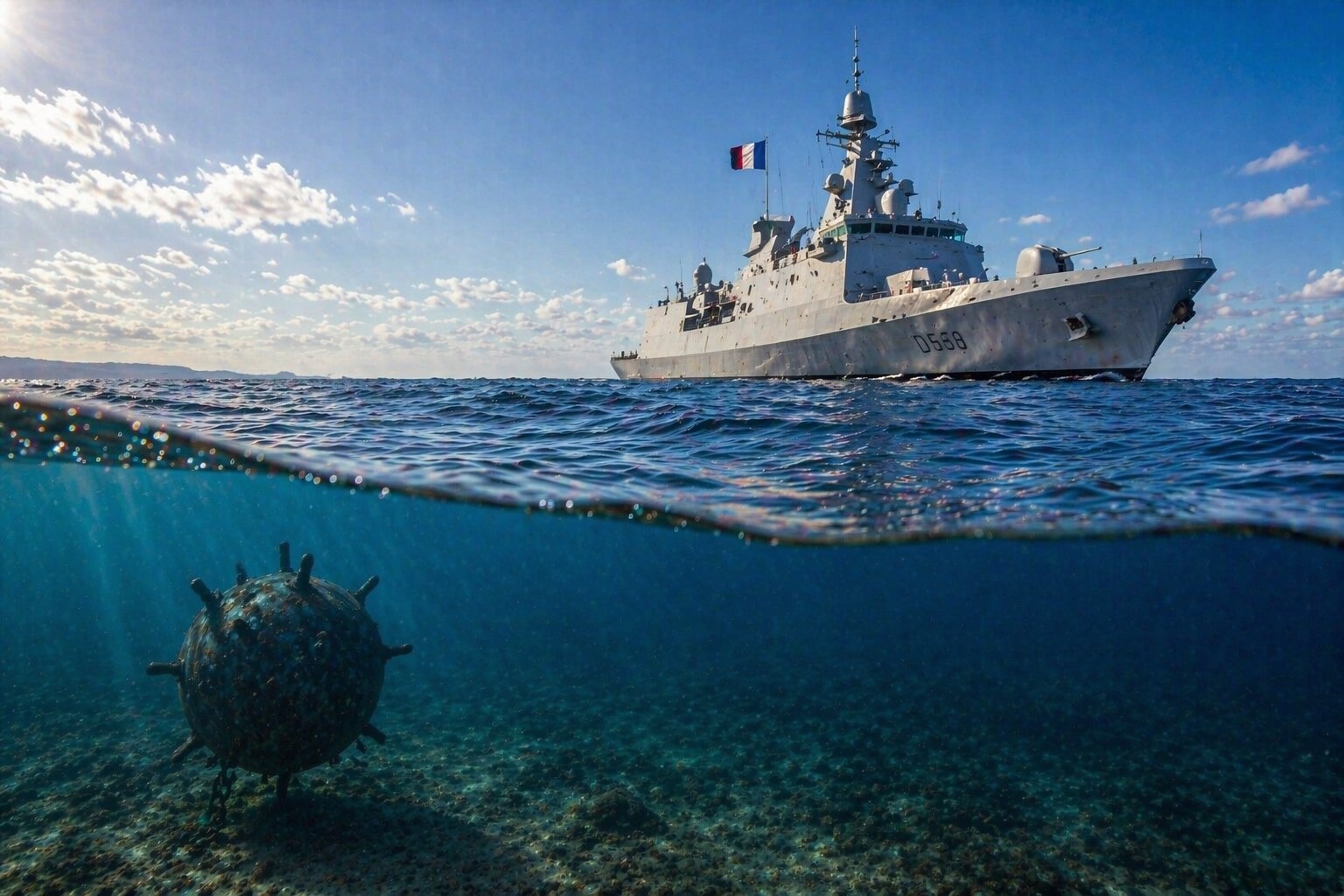 Navio militar europeu sobre o mar com mina subaquática em imagem ilustrativa gerada por IA.