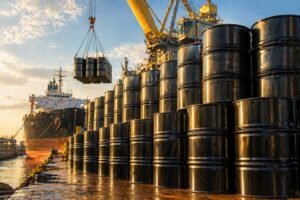 Ilustração mostra barris de petróleo empilhados em porto durante operação de descarga, com navio e guindaste ao fundo.