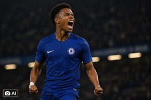 Ilustração mostra jogador Estevão com uniforme do Chelsea comemorando em campo durante partida em estádio.