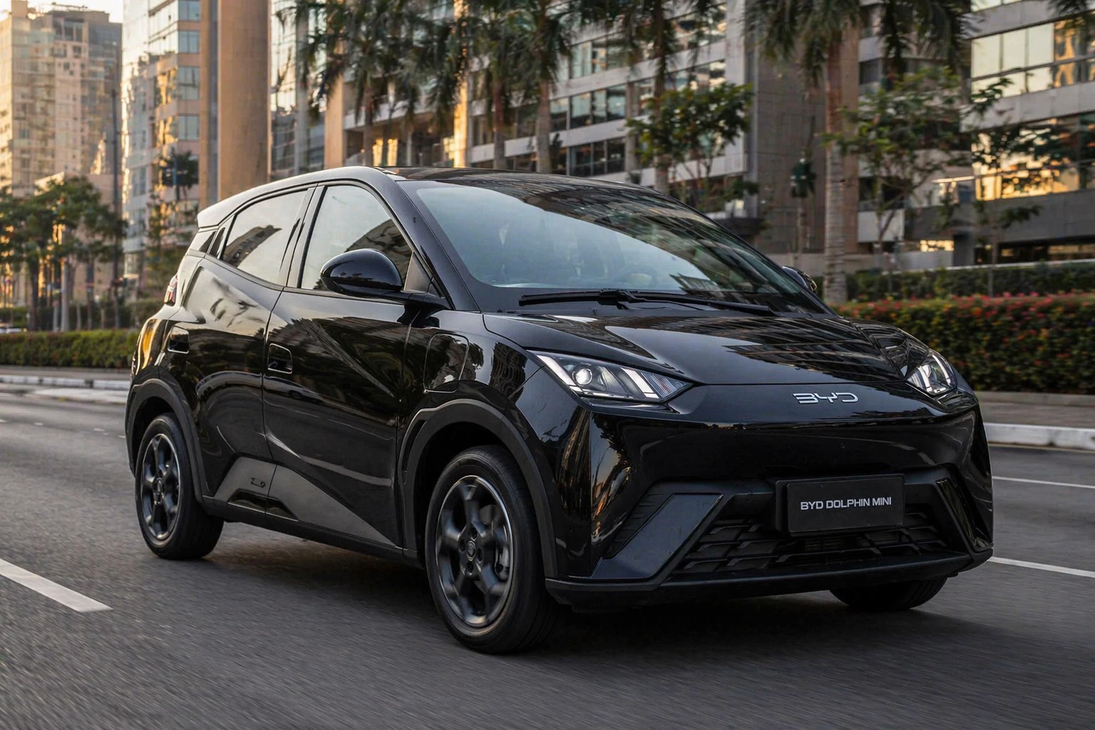 Ilustração de carro elétrico da BYD em cenário urbano gerada por IA.