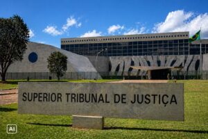 Fachada do Superior Tribunal de Justiça (STJ) em Brasília, em imagem diurna com arquitetura institucional moderna.