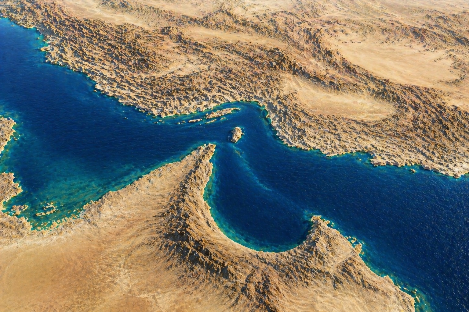 Representação geográfica em 3D do Estreito de Ormuz mostra relevo terrestre em tons de areia e o mar em diferentes tonalidades de azul.