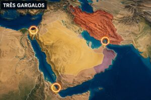 Mapa ilustrativo do Oriente Médio destacando gargalos marítimos estratégicos do petróleo.