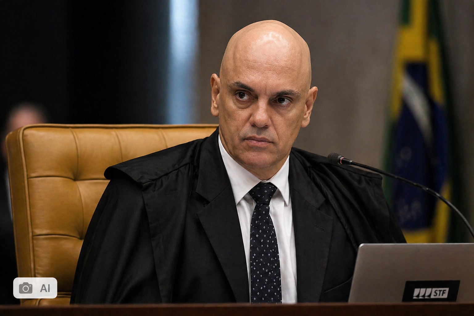Imagem ilustrativa gerada por IA do ministro Alexandre de Moraes no plenário do STF.