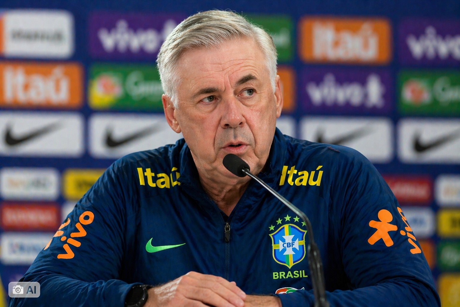 Imagem de Carlo Ancelotti em coletiva da seleção brasileira gerada por IA.